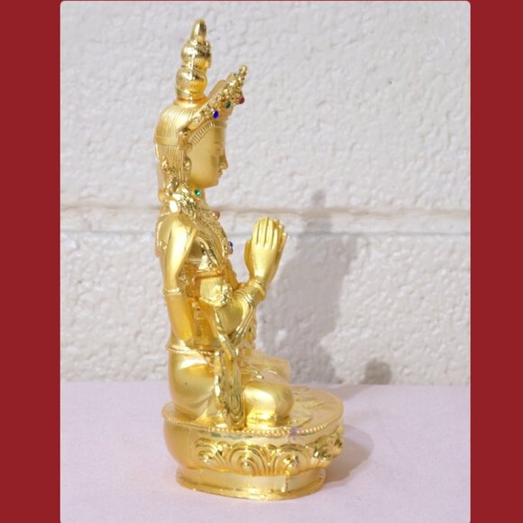 AVALOKITESVARA BUDDHA BEJEWELED GOLD ALLOY PLATED 6 IN STATUE-4 Arms-Bodhisattva - Picture 7 of 16
